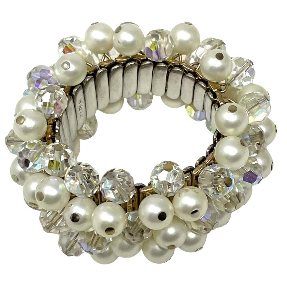 Vintage 1960’s Cha Cha Faux Pearl and Clear Aurora Borealis Stretch Bracelet
